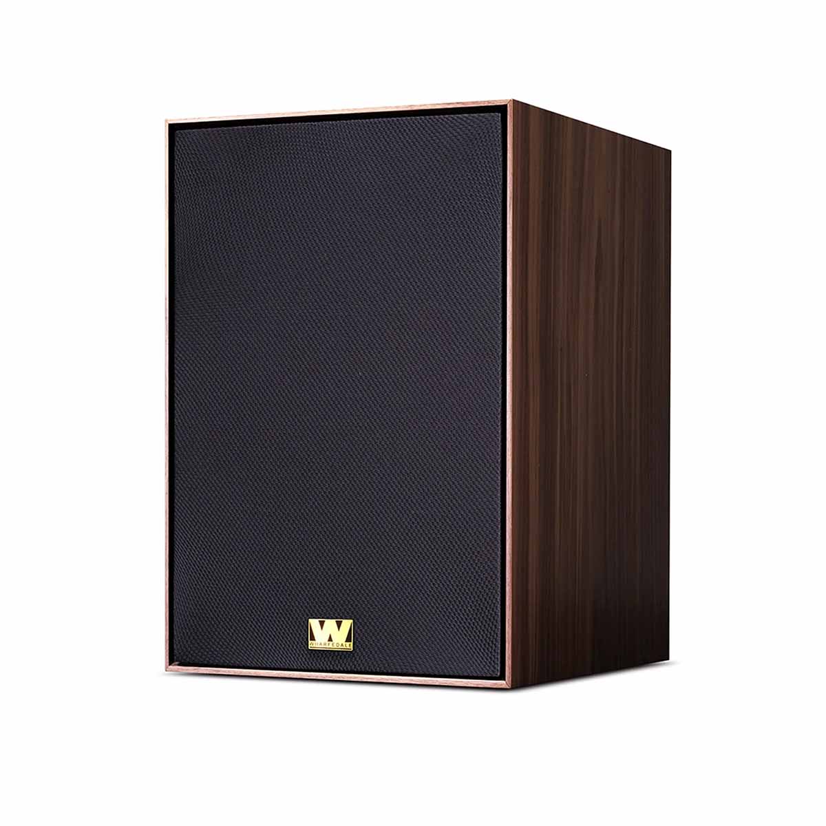 Wharfedale Super Denton Bookshelf Speaker - single in walnut with grille - angled front view