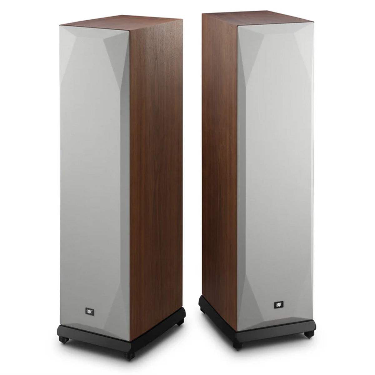 MoFi SourcePoint 888 Floorstanding Speakers - Pair of walnut speakers with gray grilles angled away from each other