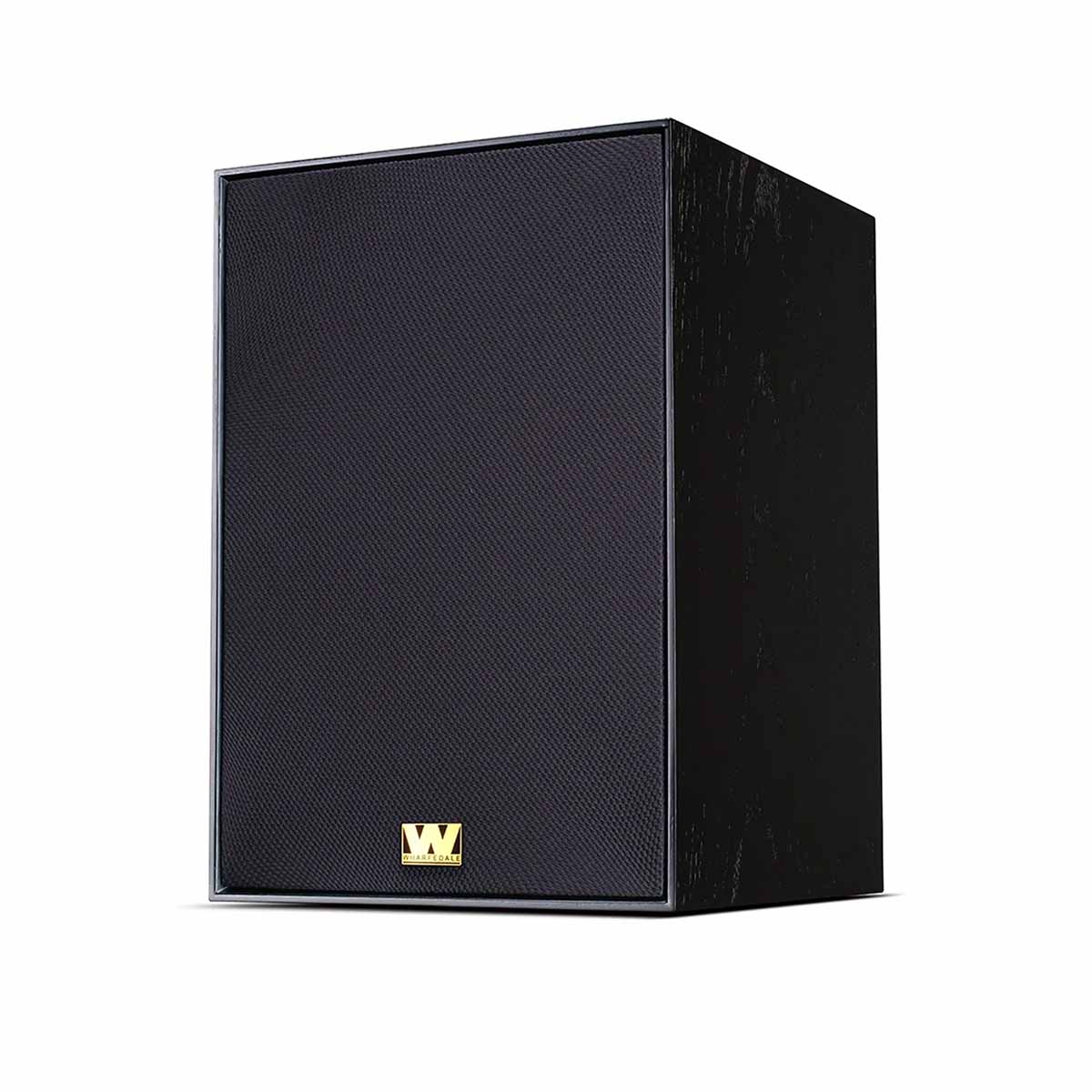 Wharfedale Super Denton Bookshelf Speaker - single in black with grille - angled front view