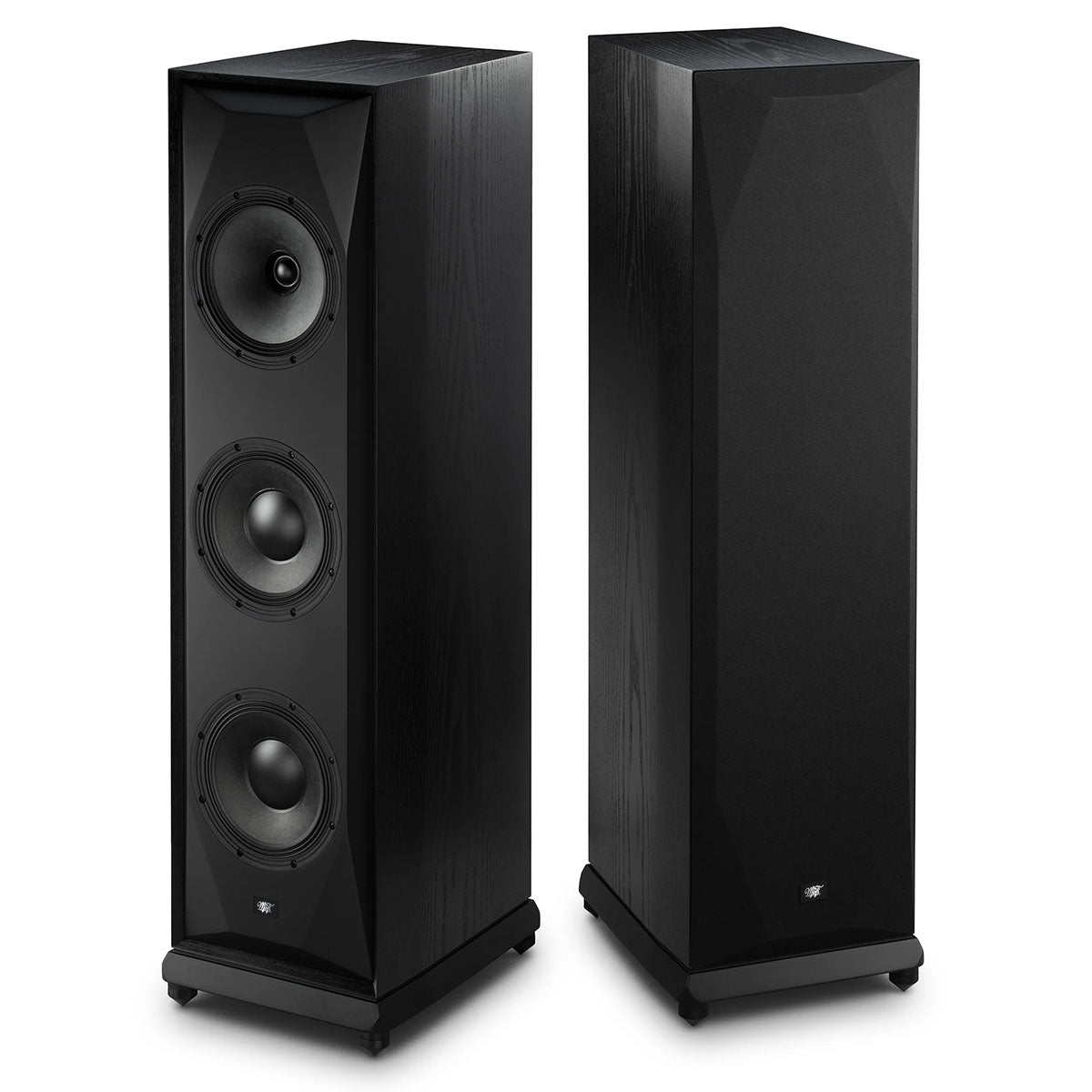 MoFi SourcePoint 888 Floorstanding Speakers - Pair of black speakers angled away from each other, left speaker without grille and right speaker with grille