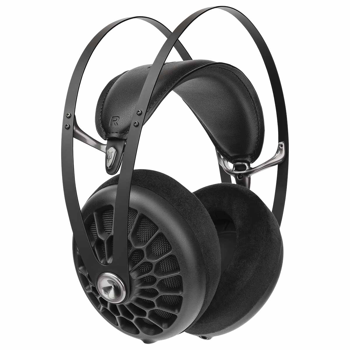Meze 105 AER Open-Back Headphones - black three-quarter side view showing right earphone