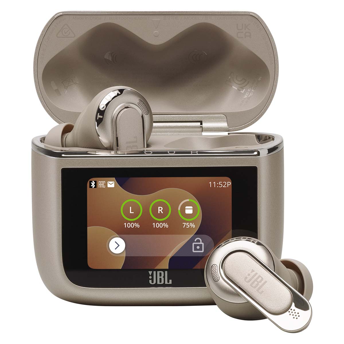 JBL Tour Pro 3 True Wireless Noise Cancelling Earbuds - latte front view with case lid open, left earbud in case and right earbud in front of case