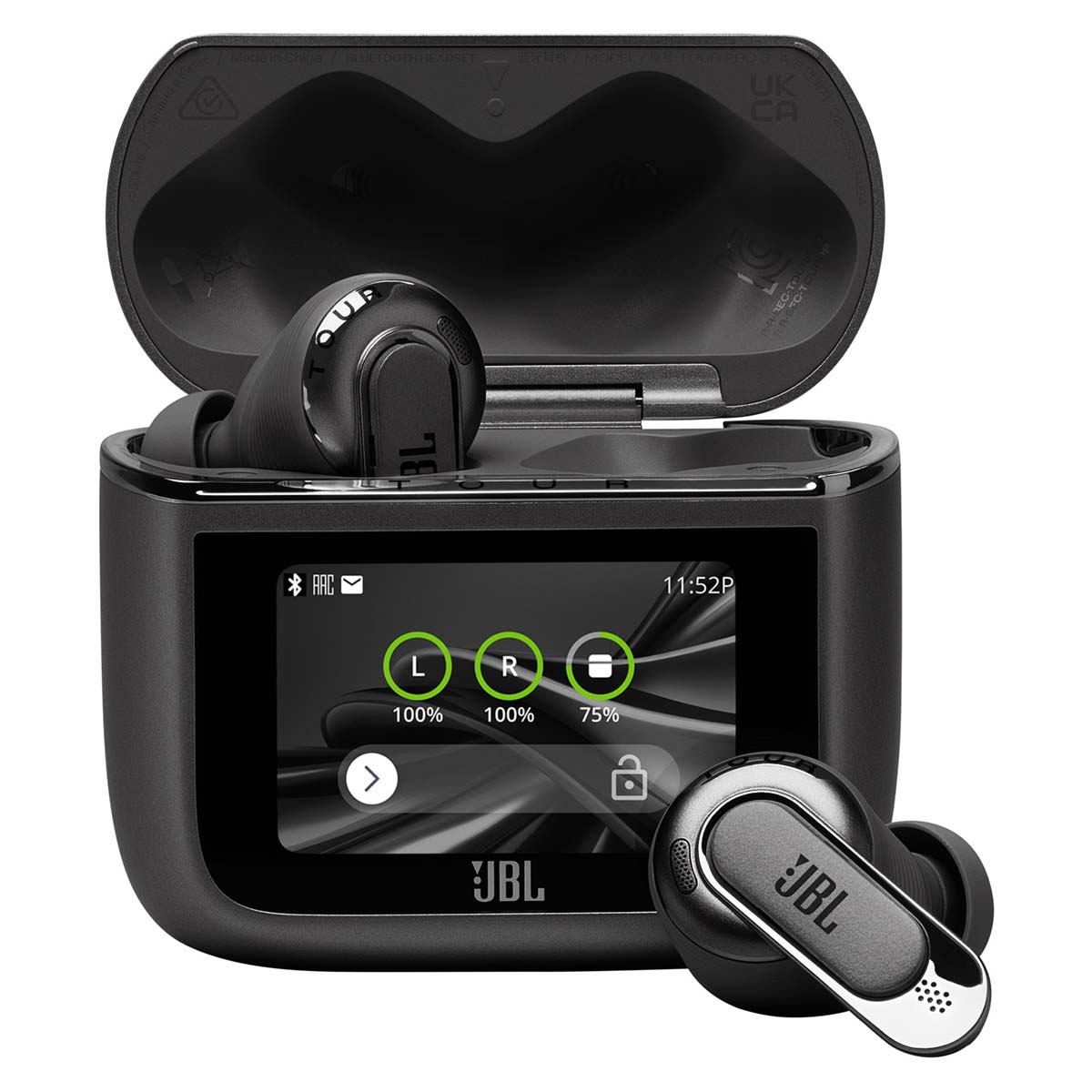 JBL Tour Pro 3 True Wireless Noise Cancelling Earbuds - black front view with case lid open, left earbud in case and right earbud in front of case