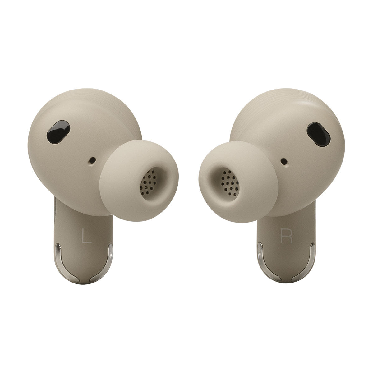 JBL Tour Pro 3 True Wireless Noise Cancelling Earbuds - latte both earbuds side by side inner view showing ear tips