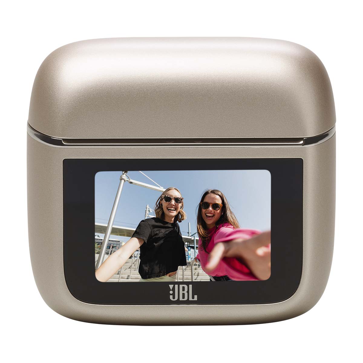 JBL Tour Pro 3 True Wireless Noise Cancelling Earbuds - latte case front view showing screen with image