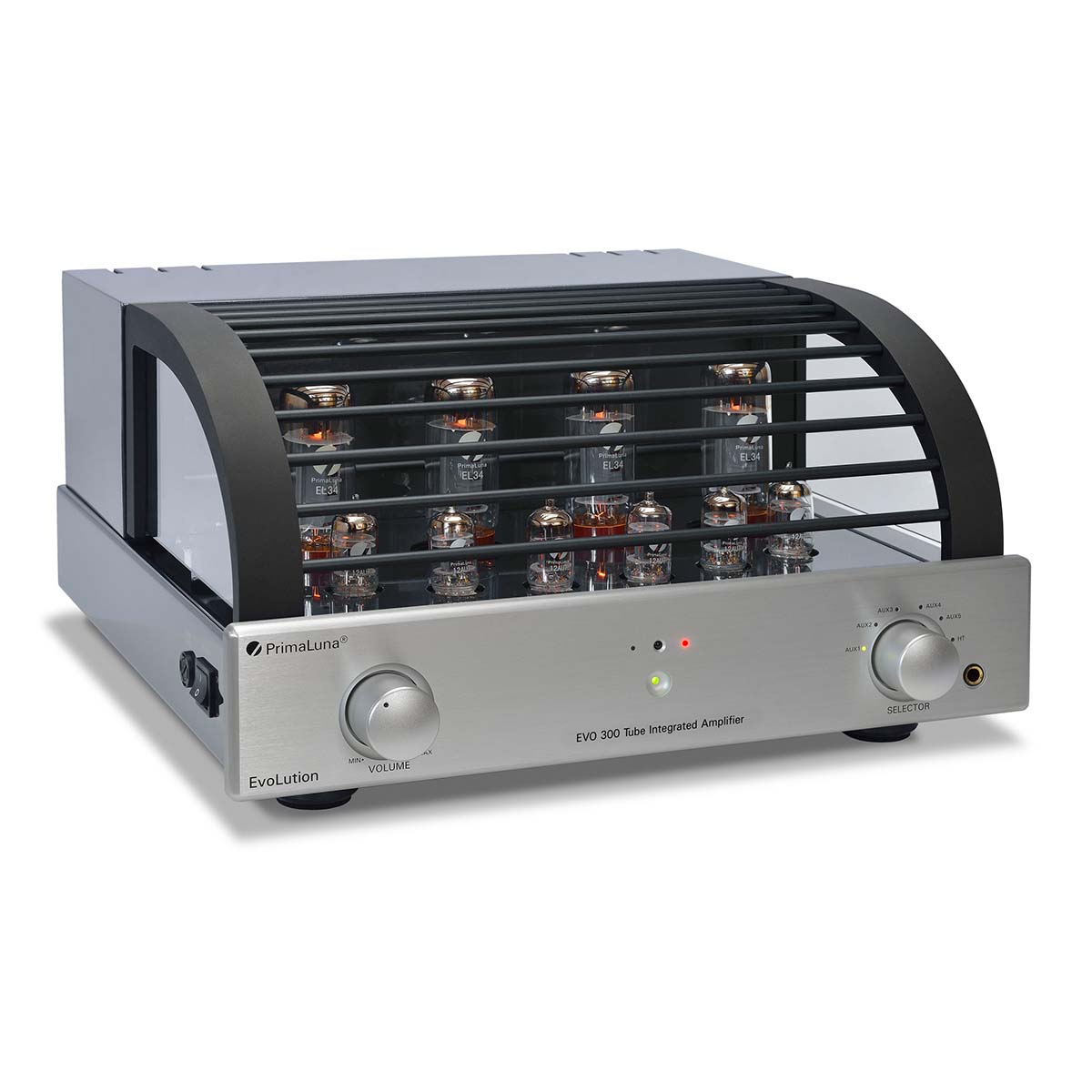 PrimaLuna Evo 300 Tube Integrated Amplifier - Silver - front view angled right with grille