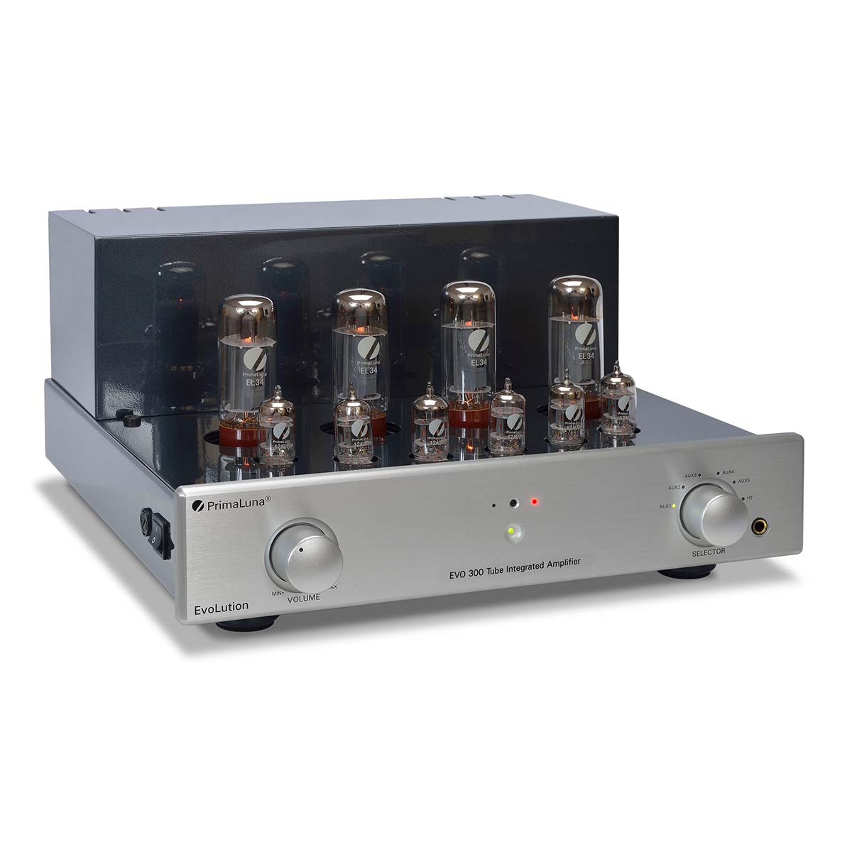 PrimaLuna Evo 300 Tube Integrated Amplifier - Silver - front view angled right without grille