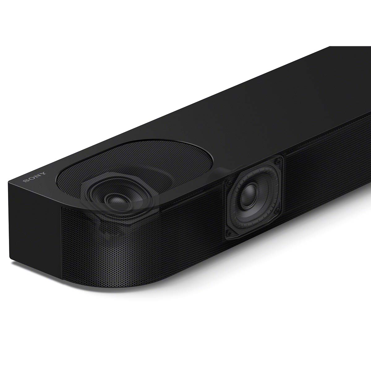 Sony HT-B600 BRAVIA Theater Bar 6 3.1.2ch Soundbar with Wireless Subwoofer - detail of left side of soundbar with graphic overlay of internal speakers