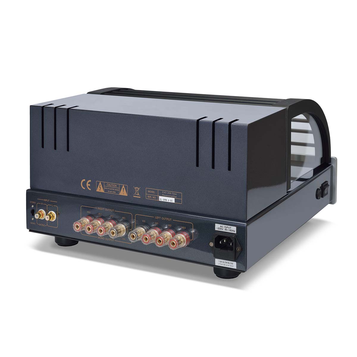 PrimaLuna Evo 200 Tube Power Amplifier - Silver - rear view angled left with grille