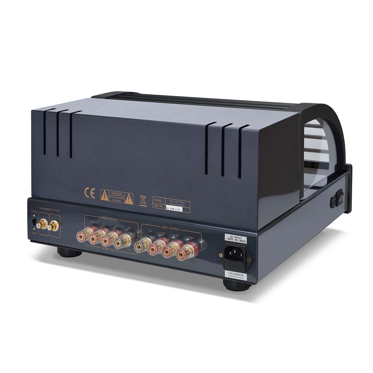 PrimaLuna Evo 200 Tube Power Amplifier - Black - rear view angled left with grille