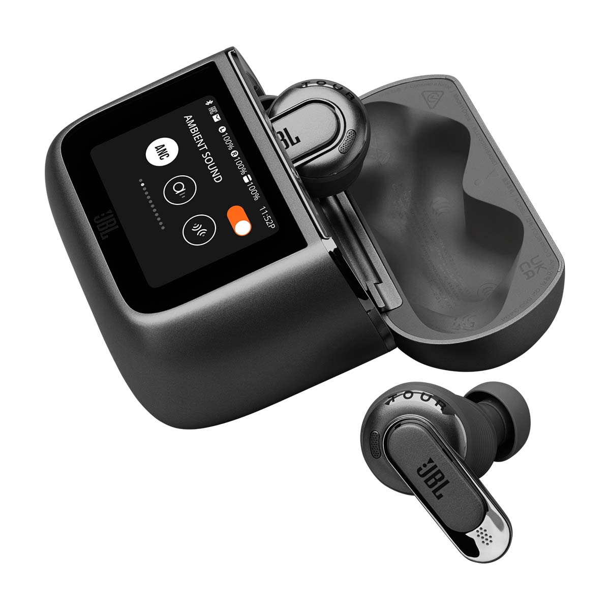 JBL Tour Pro 3 True Wireless Noise Cancelling Earbuds - black front angled view with case lid open, left earbud in case and right earbud below case