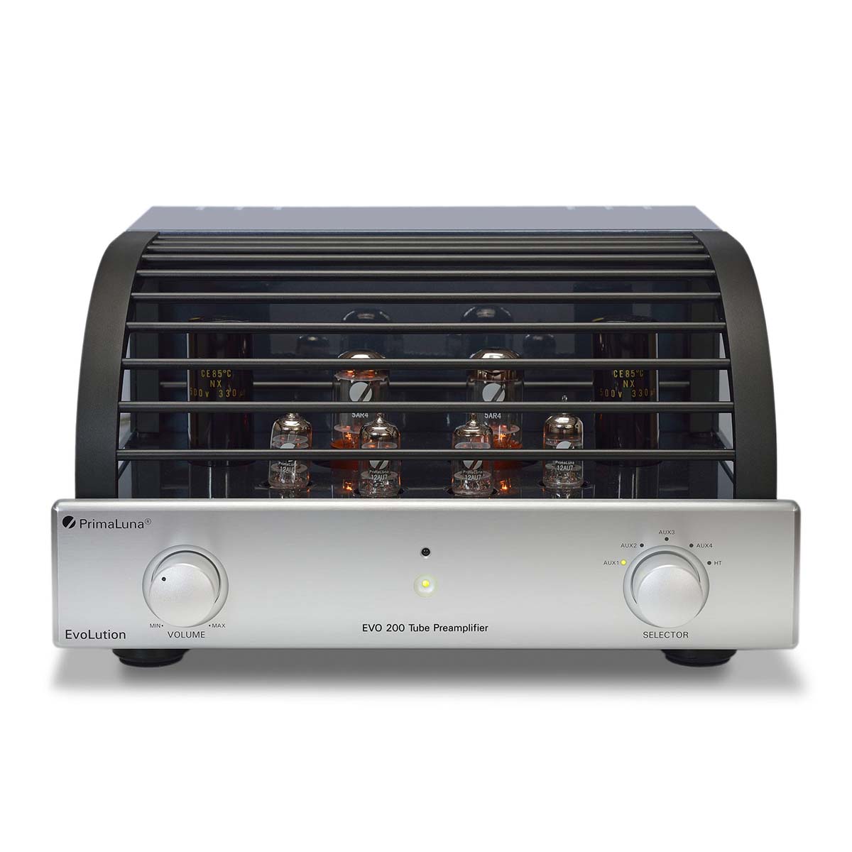 PrimaLuna Evo 200 Tube Preamplifier - Silver - front view with grille