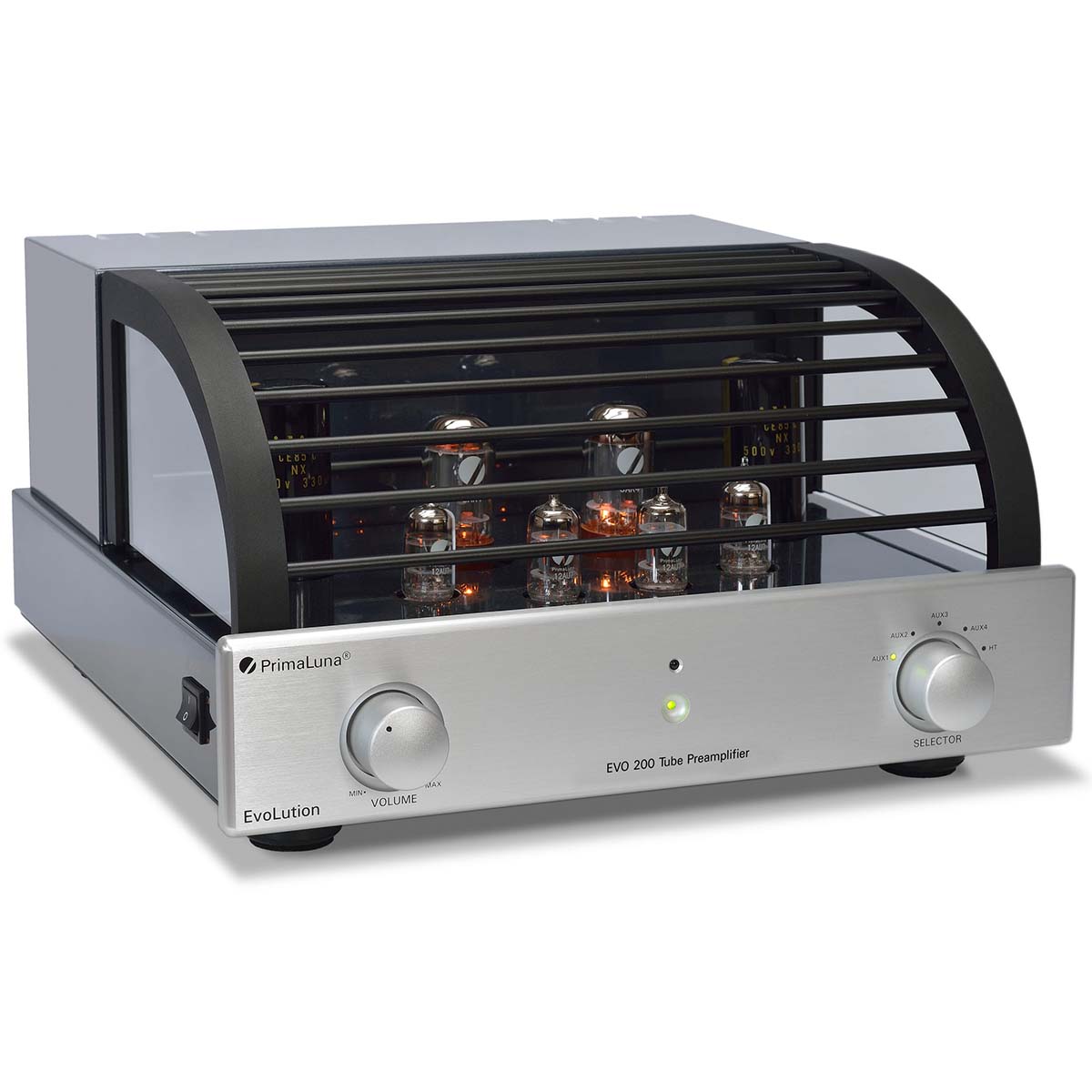 PrimaLuna Evo 200 Tube Preamplifier - Silver - front view angled right with grille