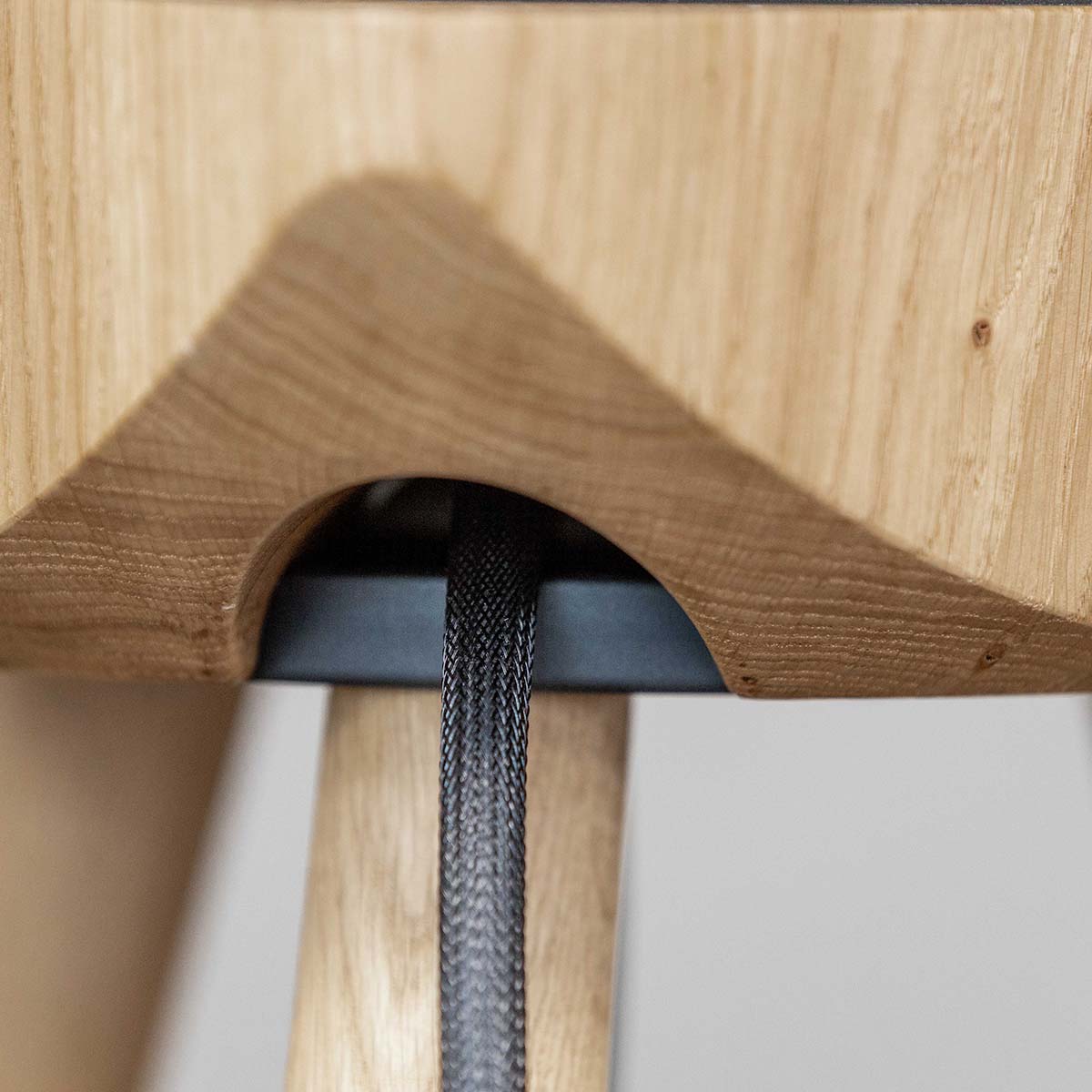 Lyngdorf Cue-100 Speaker closeup detail of oak base and speaker cable port