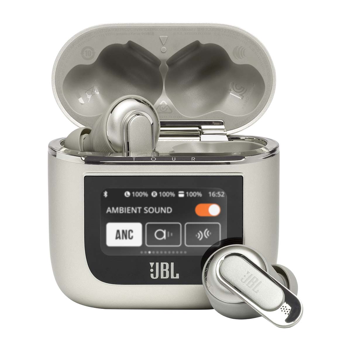 JBL Tour Pro 2 True Wireless Noise Cancelling Earbuds - champagne case and earbuds front view with case lid open, left earbud in case and right earbud in front of case