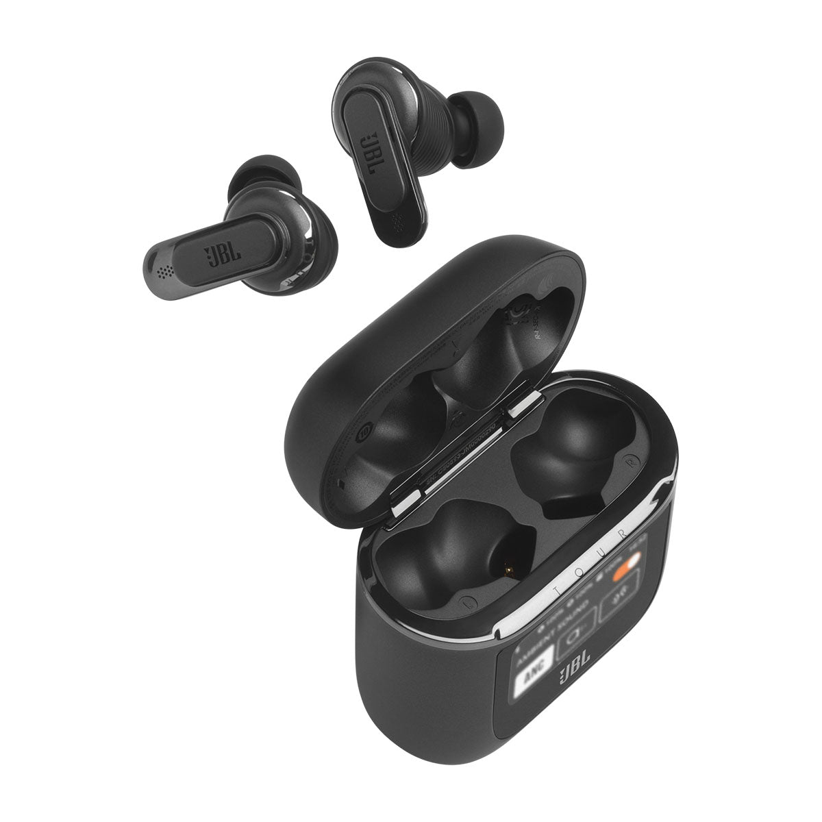 JBL Tour Pro 2 True Wireless Noise Cancelling Earbuds - black case and earbuds with lid open and earbuds above case