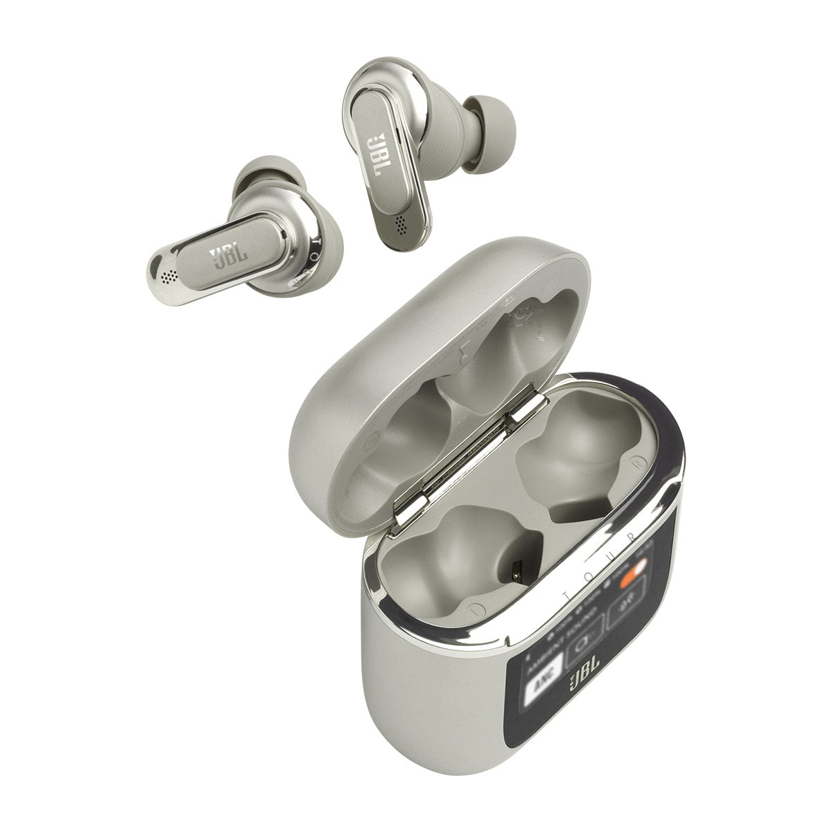 JBL Tour Pro 2 True Wireless Noise Cancelling Earbuds - champagne earbuds and case with lid open and earbuds above