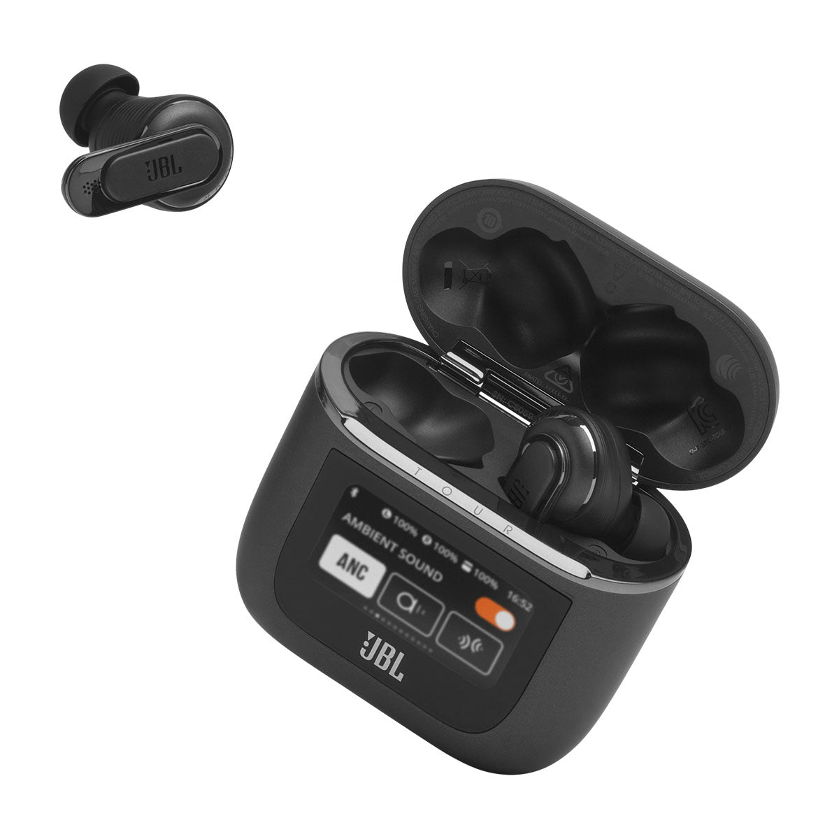 JBL Tour Pro 2 True Wireless Noise Cancelling Earbuds - black case and earbuds front view with lid open right earbud in case left earbud to left of case