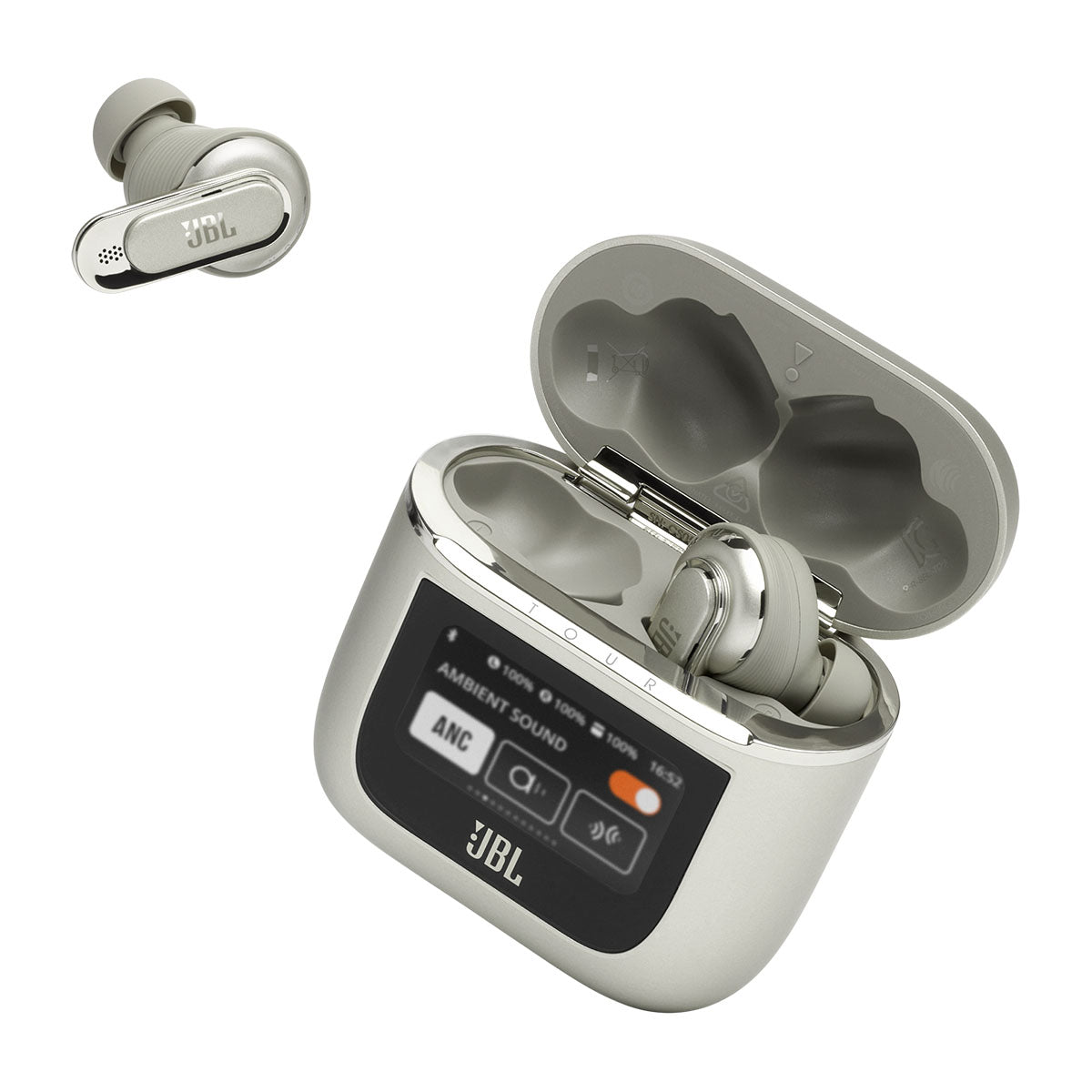 JBL Tour Pro 2 True Wireless Noise Cancelling Earbuds - champagne earbuds and case with lid open right earbud in case and left earbud to left