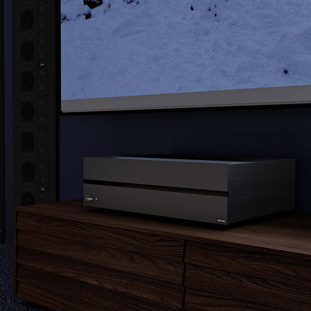 Lyngdorf MXA-8400 Eight-Channel Power Amplifier lifestyle shot of unit on cabinet