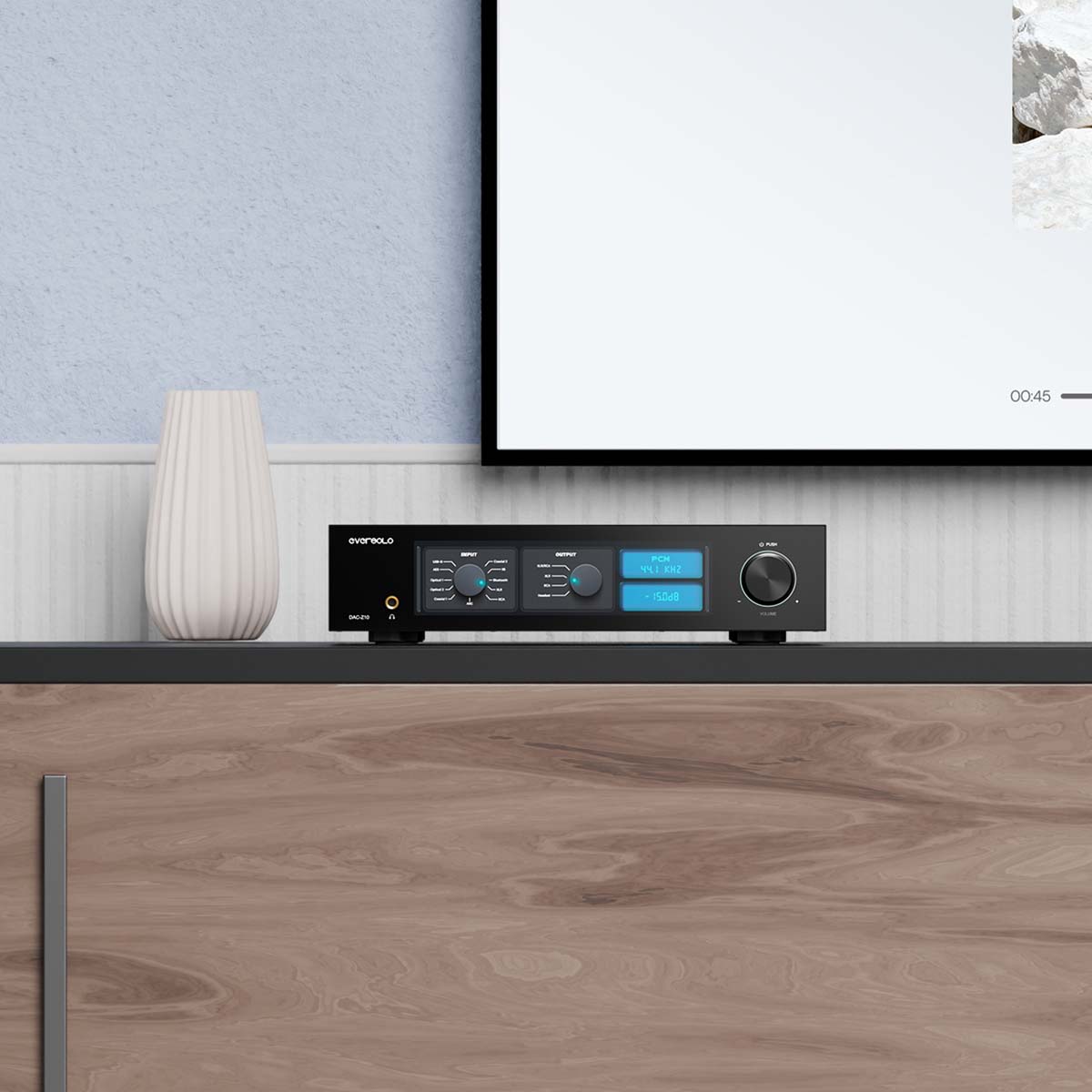 EverSolo DAC-Z10 High-Resolution DAC and Headphone Amplifier - front view sitting on shelf