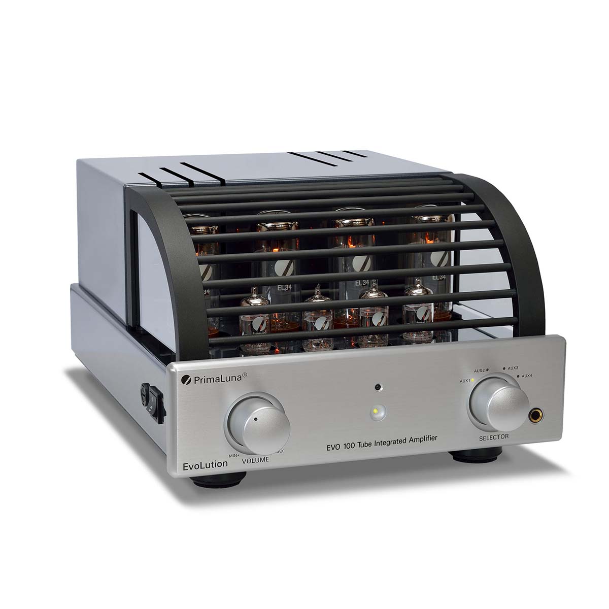 PrimaLuna Evo 100 Tube Integrated Amplifier - Silver - front view angled right with grille