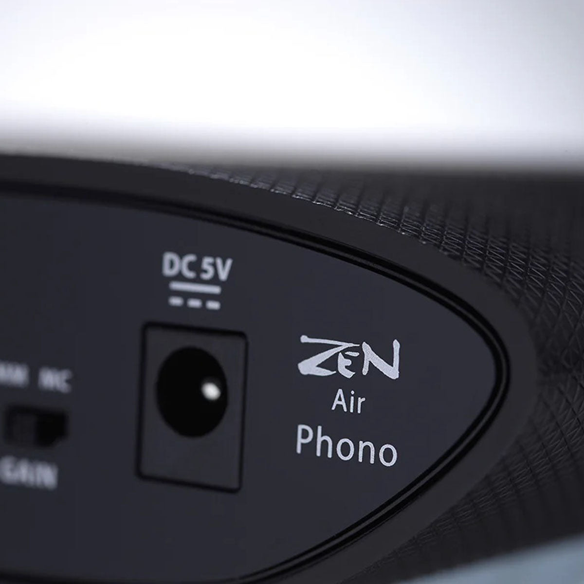iFi ZEN AIR Phono Desktop Phono Stage detail of rear power supply input and zen air phono logo