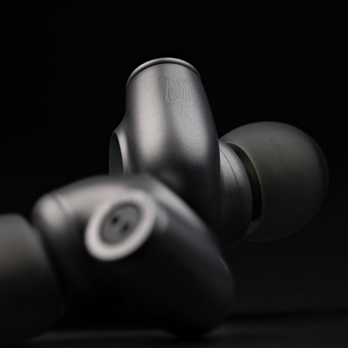 Meze Audio ASTRU Single Dynamic Driver In-Ear Monitors - artistic photo of both earbuds on black background, rear earbud in focus showing Meze logo