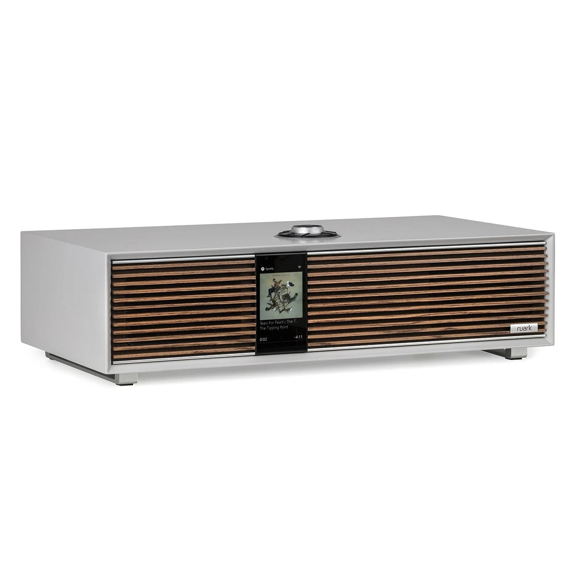 Ruark Audio R410 Integrated Music System - soft grey with walnut grille - angled front view