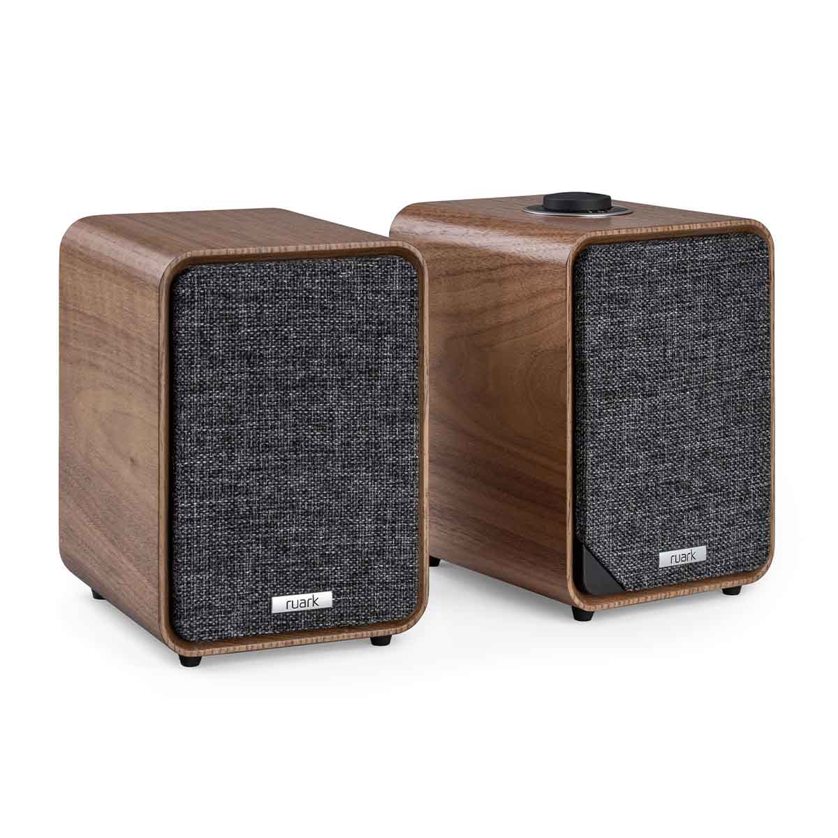 Ruark Audio MR1 Mk3 Desktop Speaker System - walnut pair - angled front view