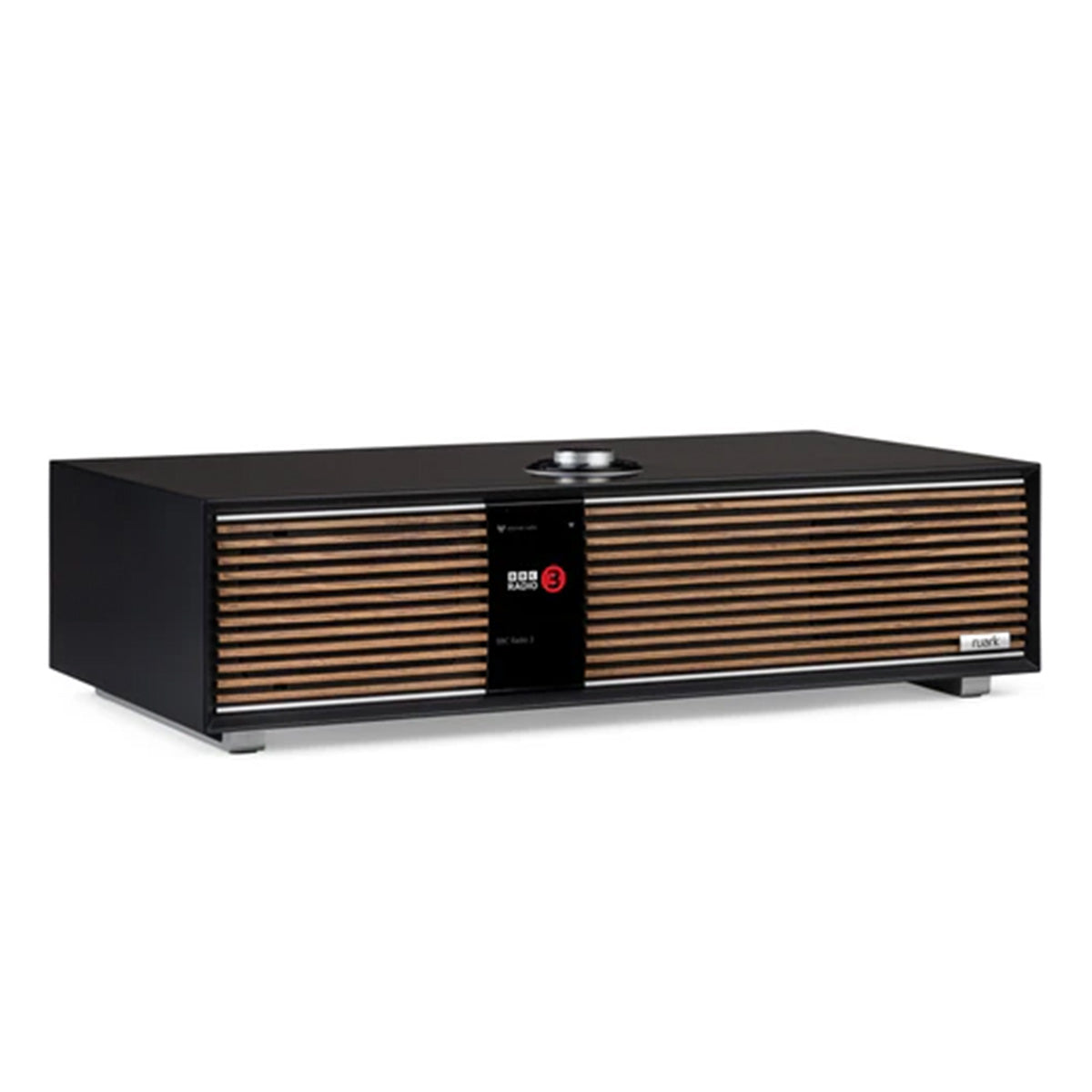 Ruark Audio R410 Integrated Music System - charcoal with walnut grille - angled front view
