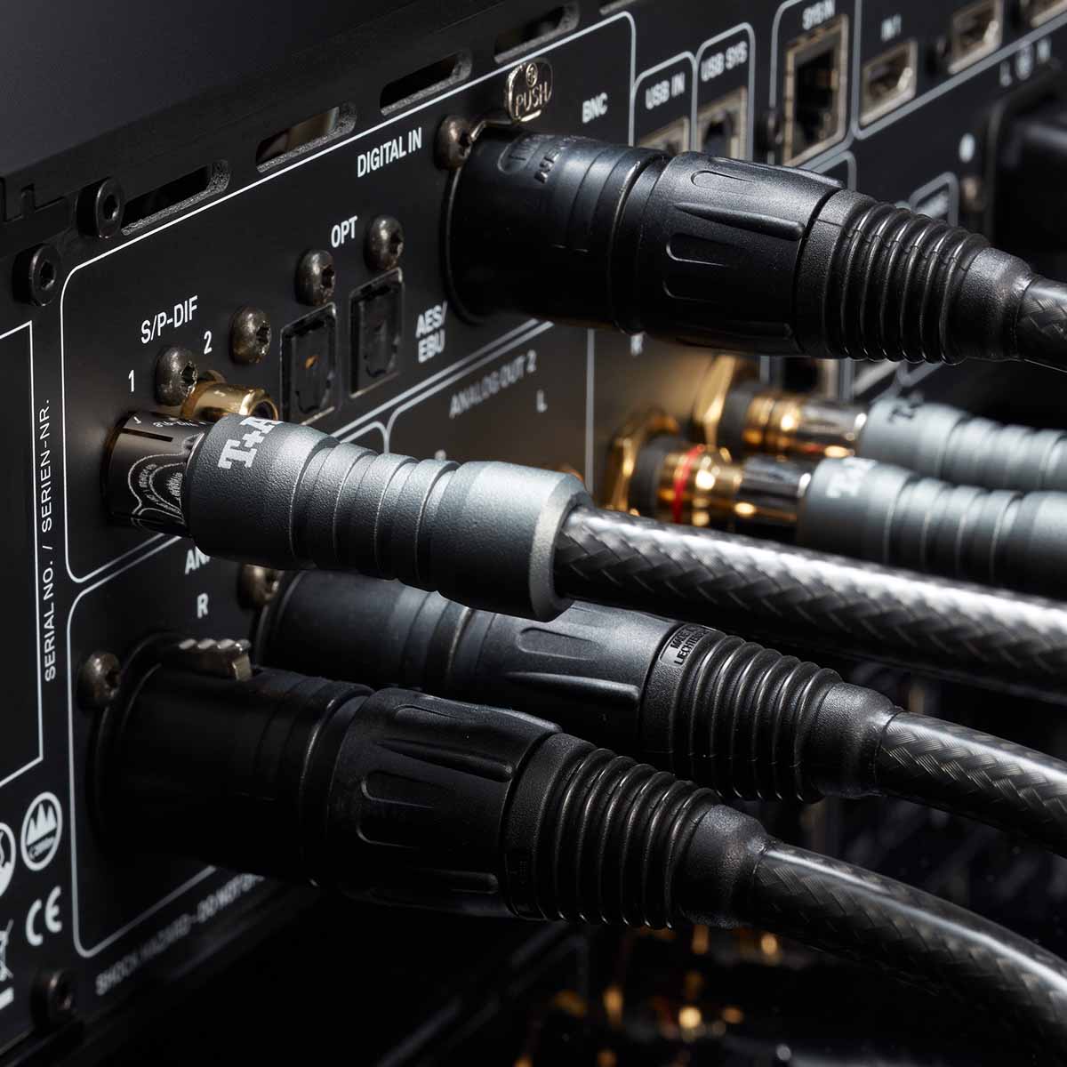 T+A DAC 200 D/A Converter / Pre-Amplifier - rear view detail of cables in inputs