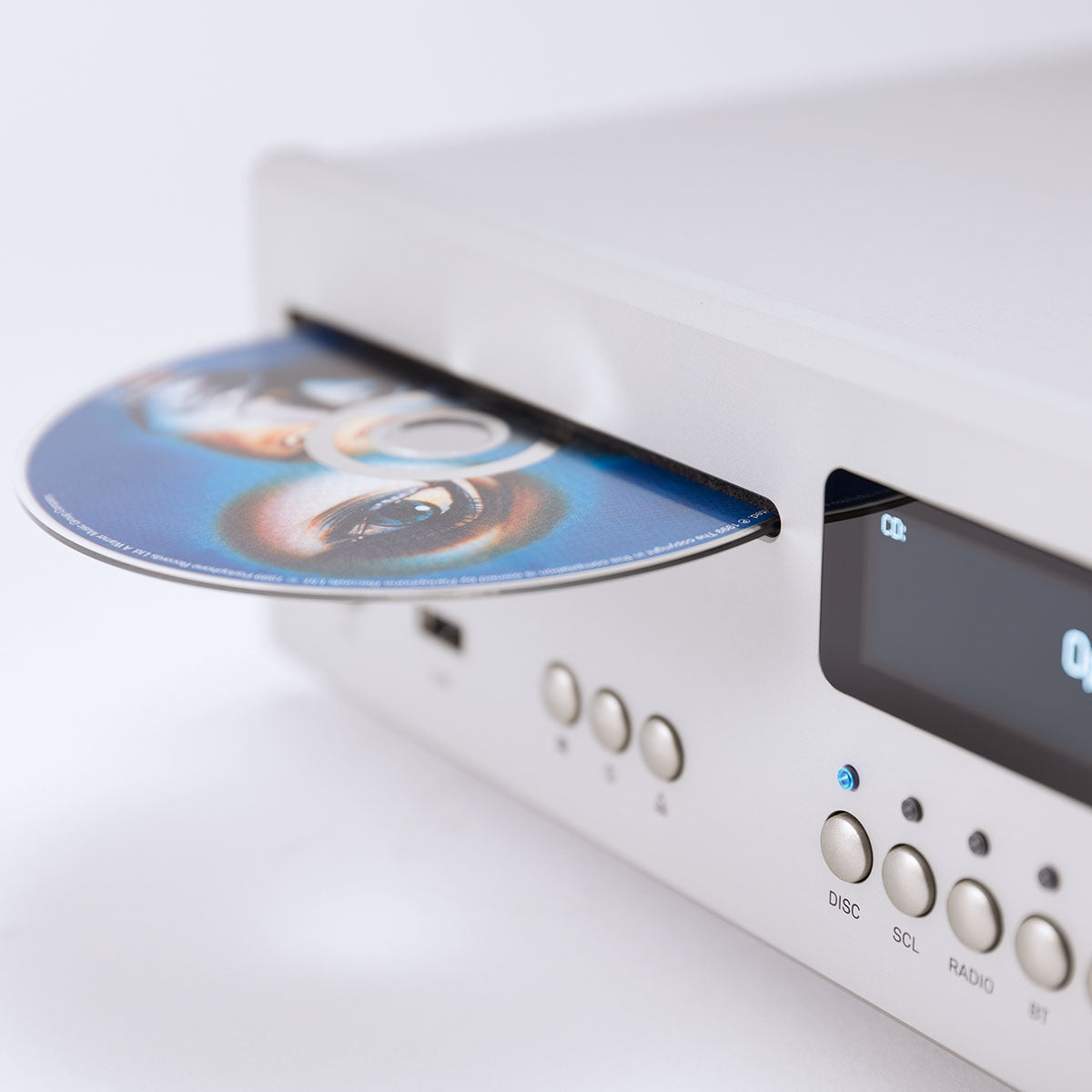 T+A MP 200 G3 Multi-Source Streamer and CD-Player - Silver - detail of CD drive with disc in slot