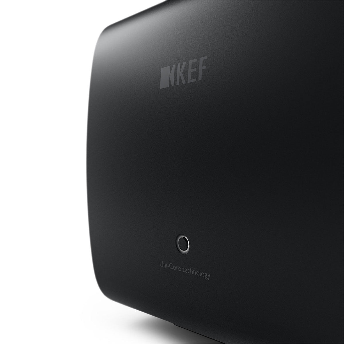 KEF KC62 Subwoofer - Carbon Black - close-up of front with KEF logo