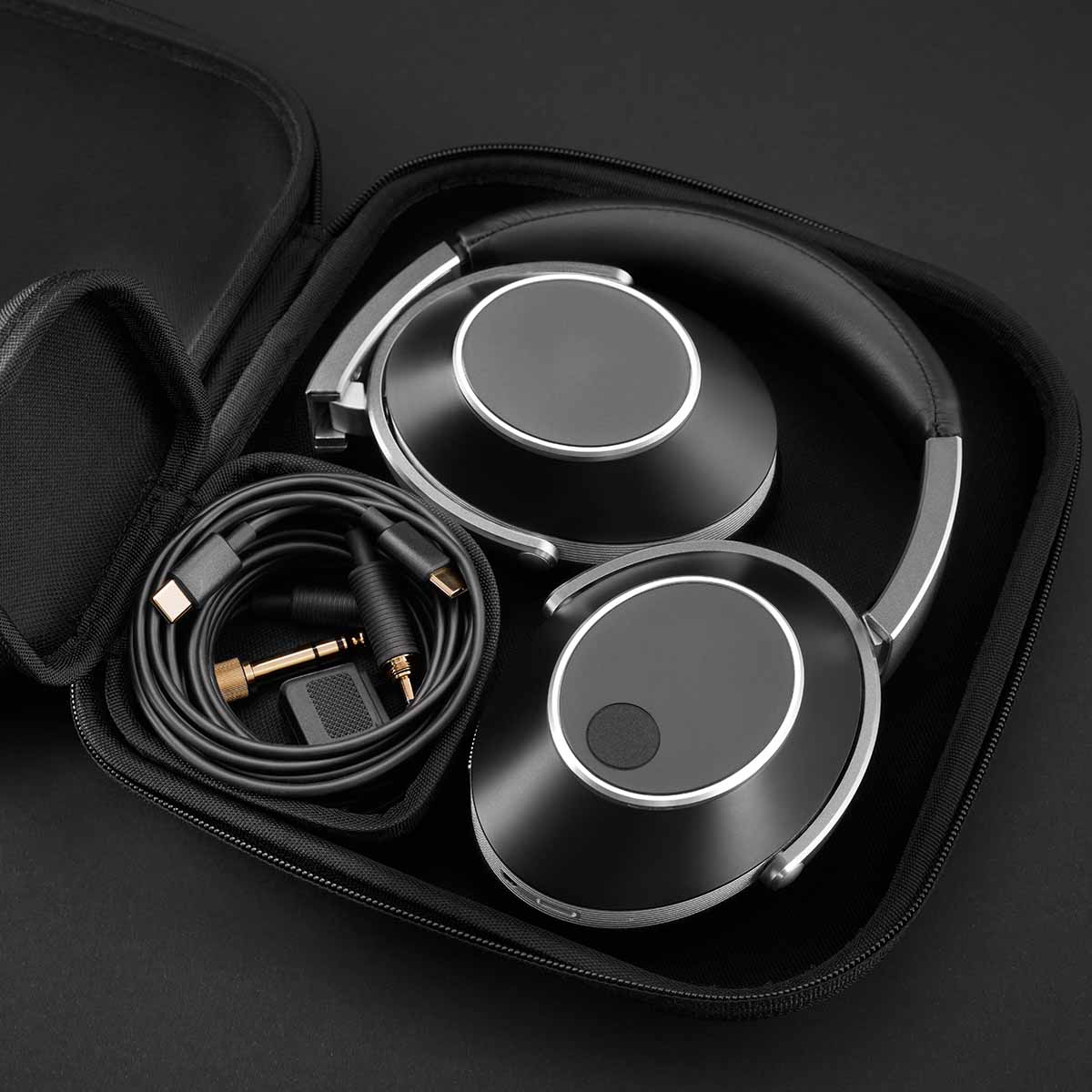 T+A Solitaire T High-Performance Closed-Back Dynamic Headphones - Black - headphones and cable in case