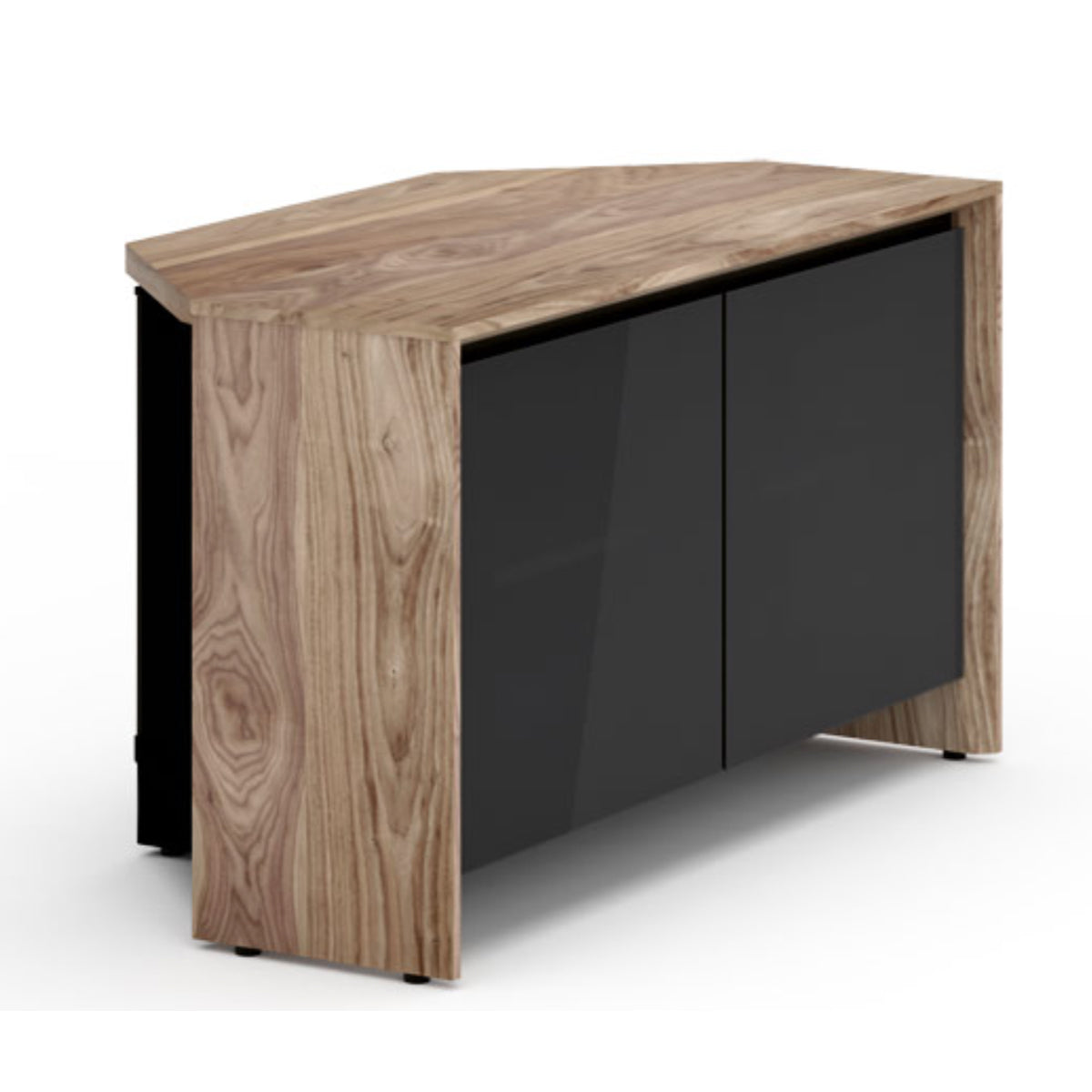 Salamander Designs Barcelona 221 Twin-Width AV Cabinet Corner- Natural Walnut / Black Glass- side view