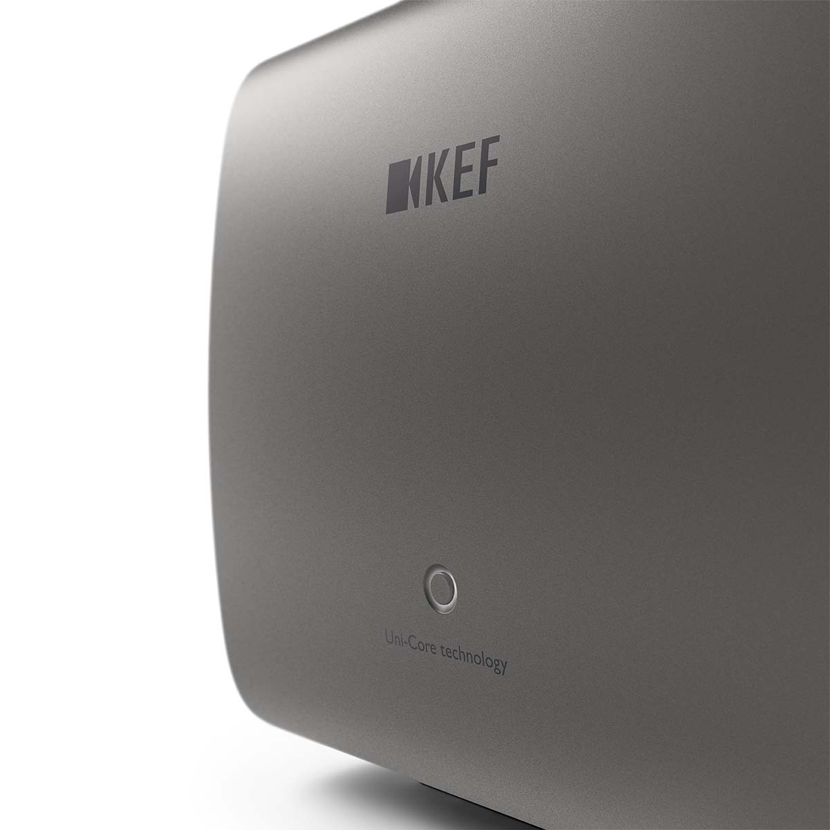 KEF KC62 Subwoofer - Titanium - close-up of KEF logo