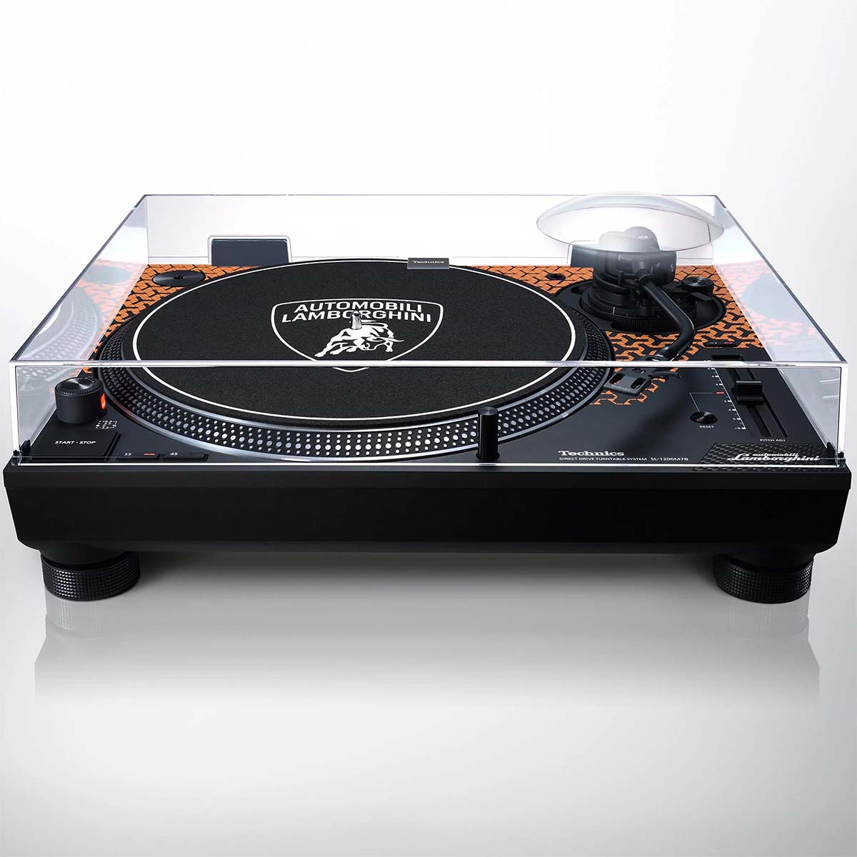 Technics SL-1200M7B Turntable - orange with dust cover - front view
