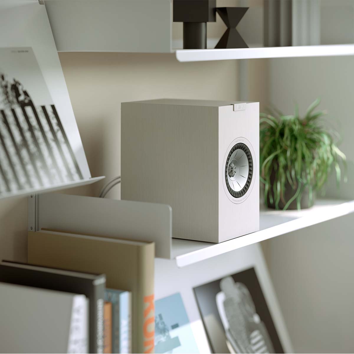 KEF Q1 Meta Bookshelf Speakers - Pair close-up on bookshelf