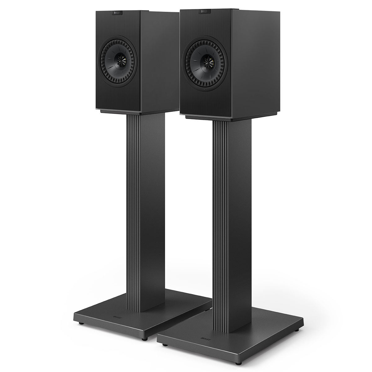 KEF Coda W Powered Speakers - Dark Titanium - pair of speakers on sold-separately speaker stands angled left