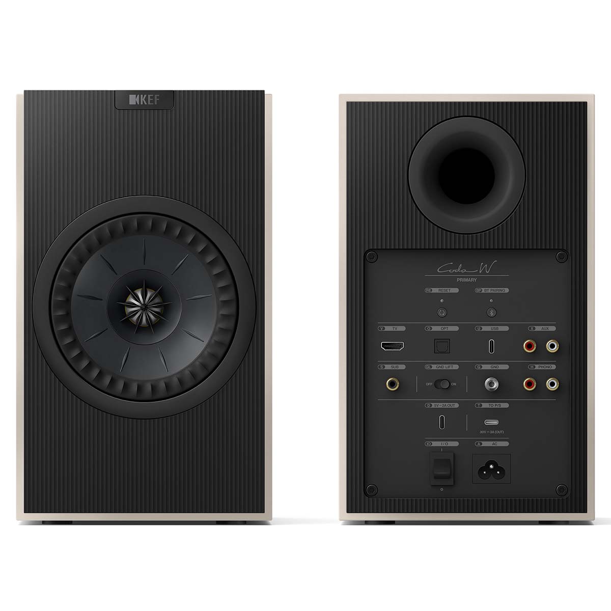 KEF Coda W Powered Speakers - Nickel Grey - pair of speakers rear view of right speaker front view of left speaker
