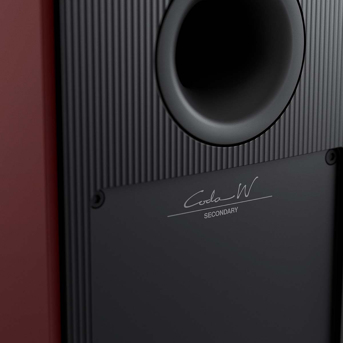 KEF Coda W Powered Speakers - Vintage Burgundy - detail of rear speaker port