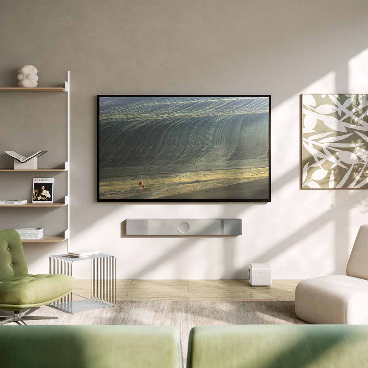 KEF XIO Soundbar - Silver Grey - lifestyle shot of unit wall-mounted below TV