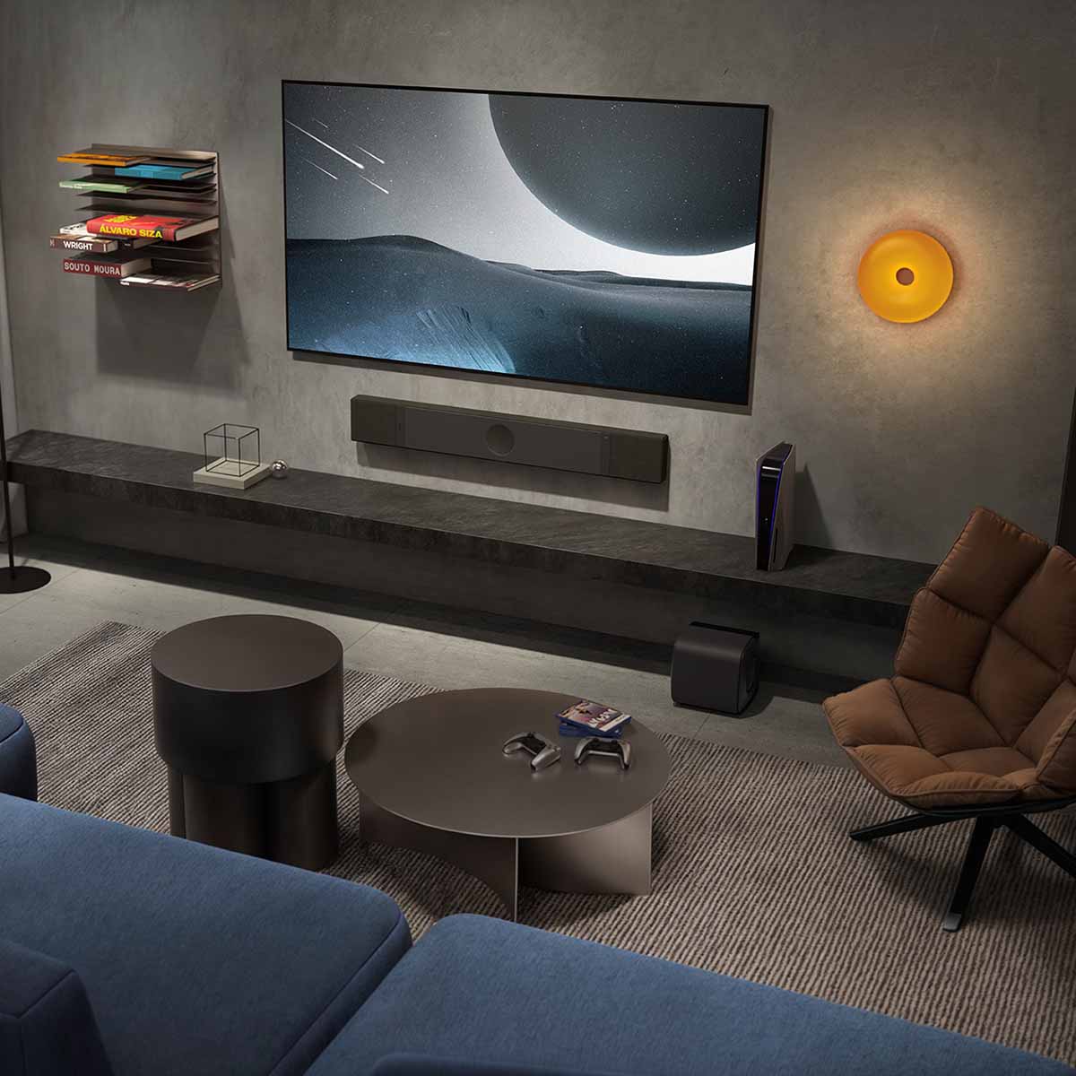 KEF XIO Soundbar - Slate Black - lifestyle shot of unit wall mounted below TV