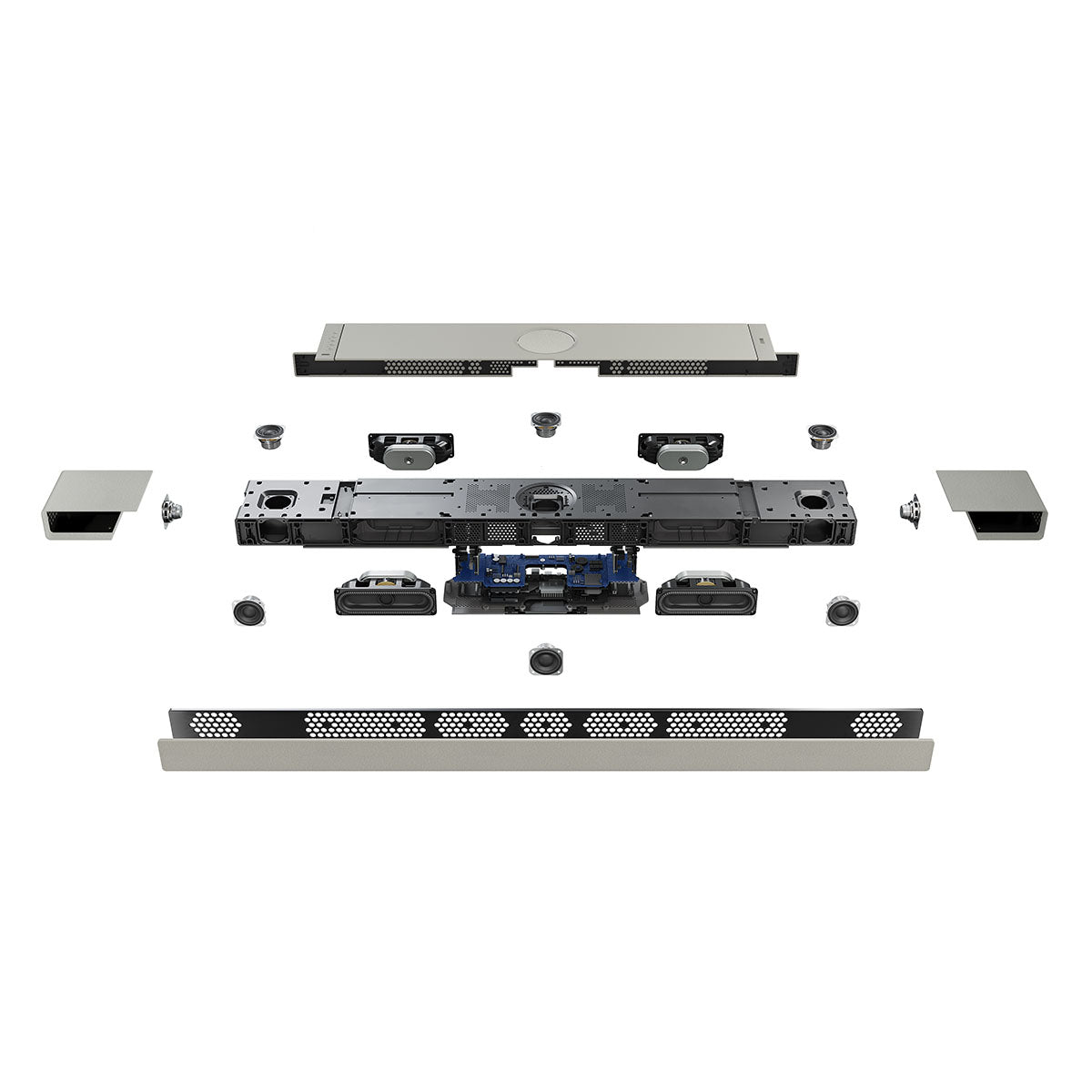 KEF XIO Soundbar - Silver Grey - exploded graphic showing internal components