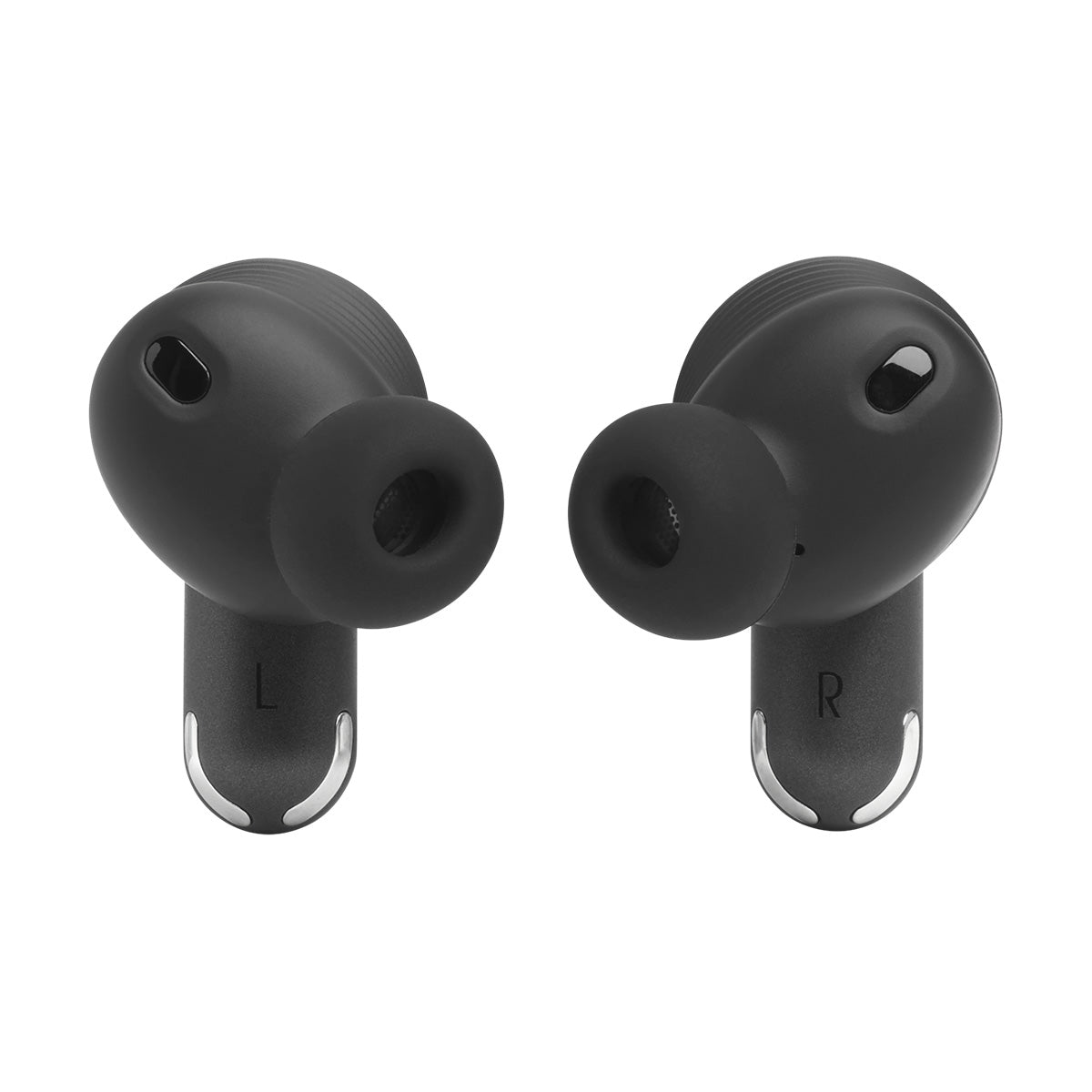 JBL Tour Pro 2 True Wireless Noise Cancelling Earbuds - black both earbuds alone facing inside eartips
