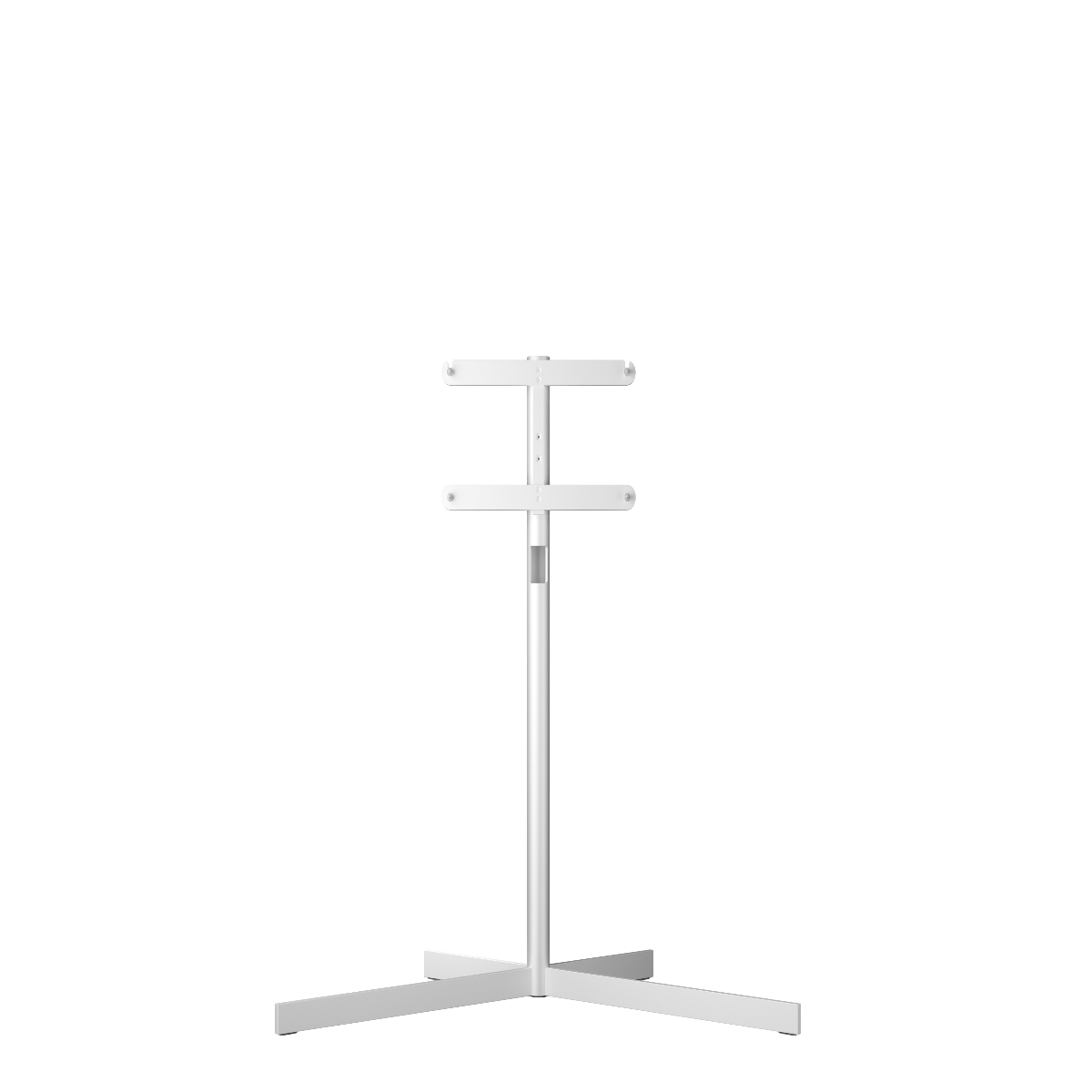 A minimalist white metal floor stand with a three-pronged base and two horizontal mounting arms, shown against a solid white background.