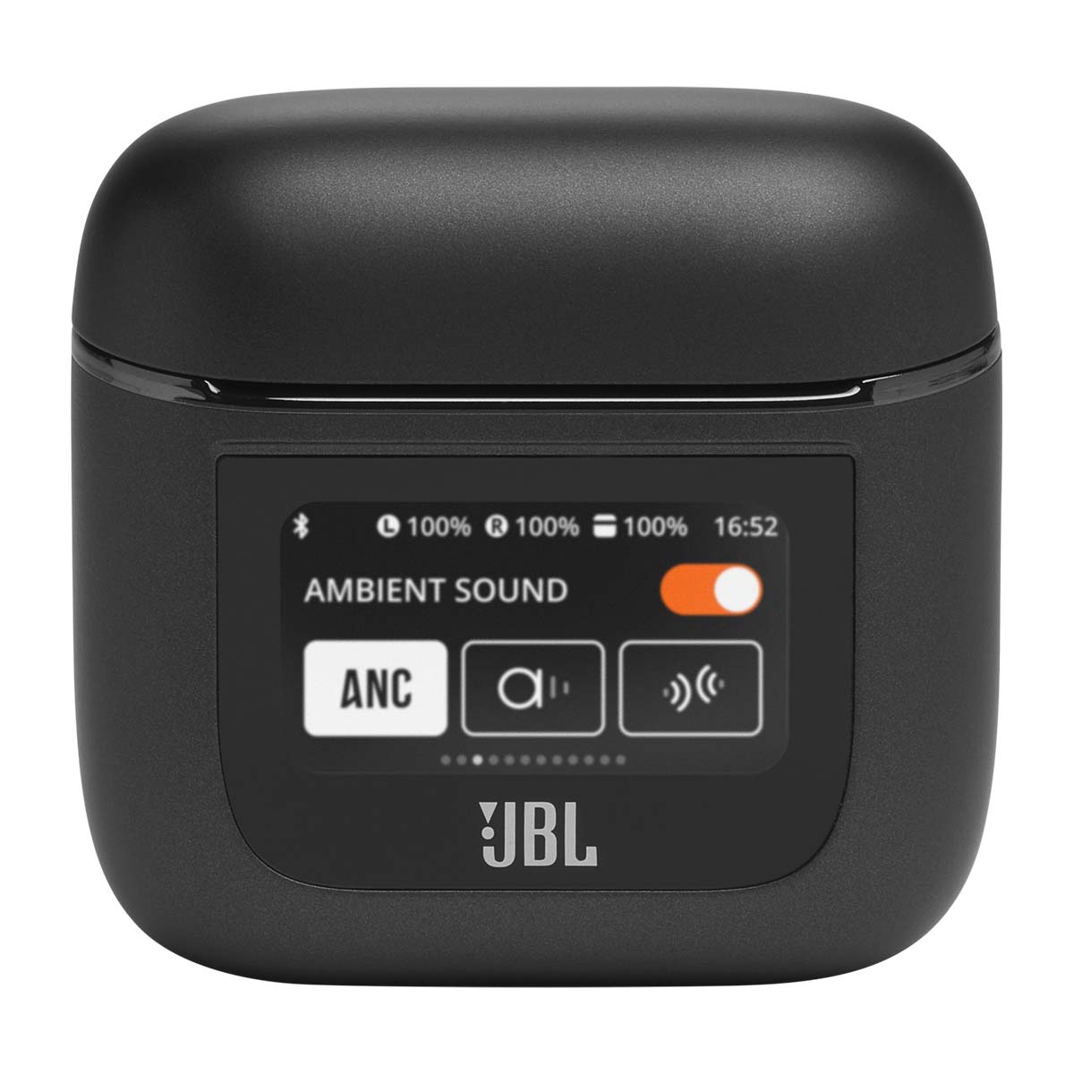 JBL Tour Pro 2 True Wireless Noise Cancelling Earbuds - black case front view with lid closed