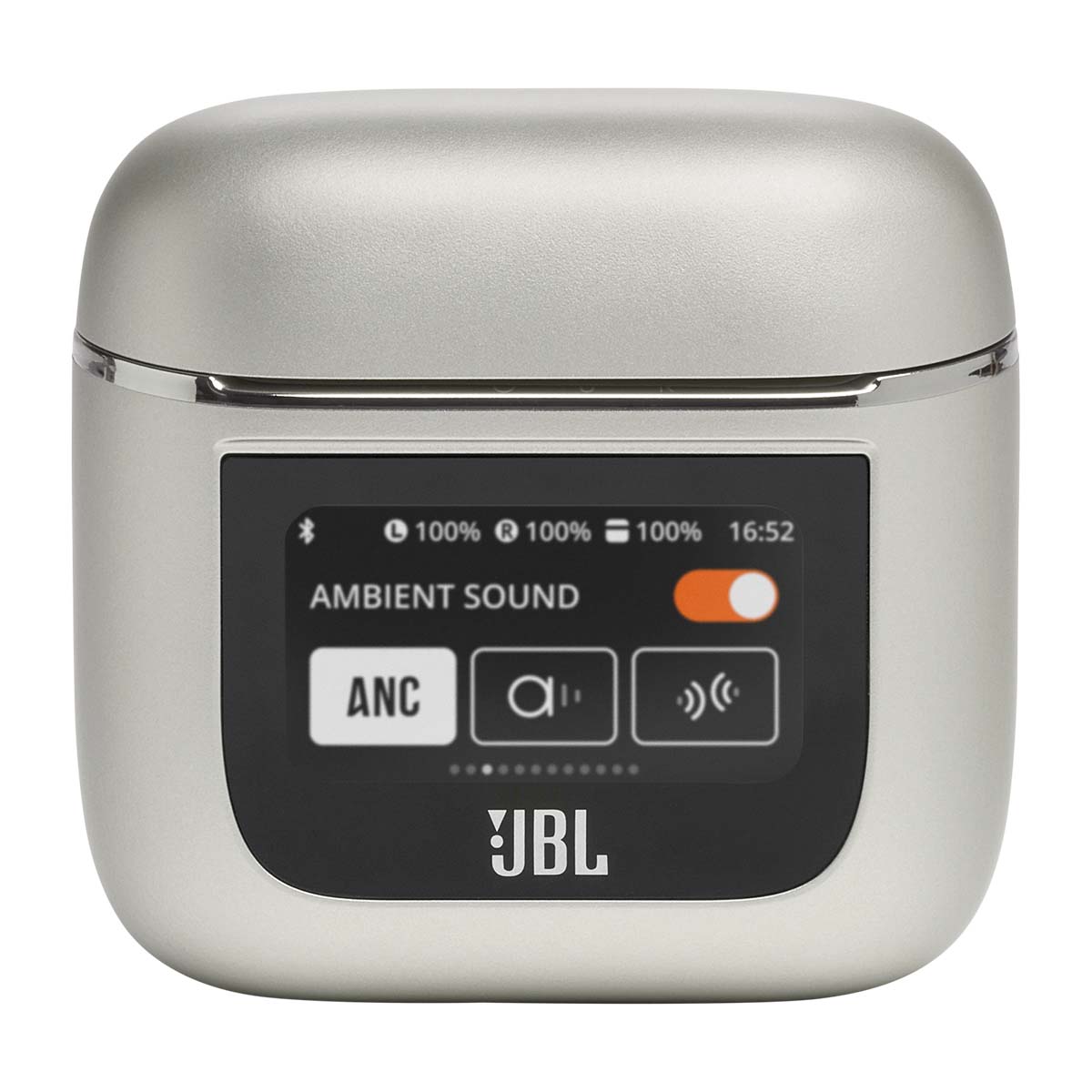 JBL Tour Pro 2 True Wireless Noise Cancelling Earbuds - champagne case front view with lid closed