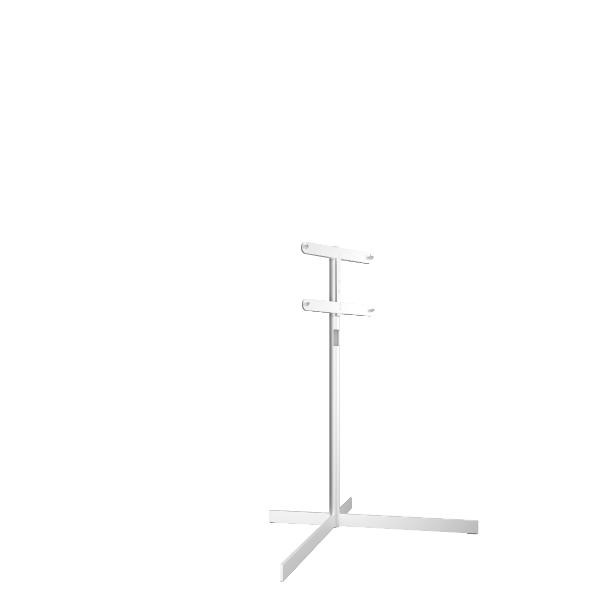 A white metal floor stand with a cross base and two adjustable horizontal bars, shown on a plain white background.